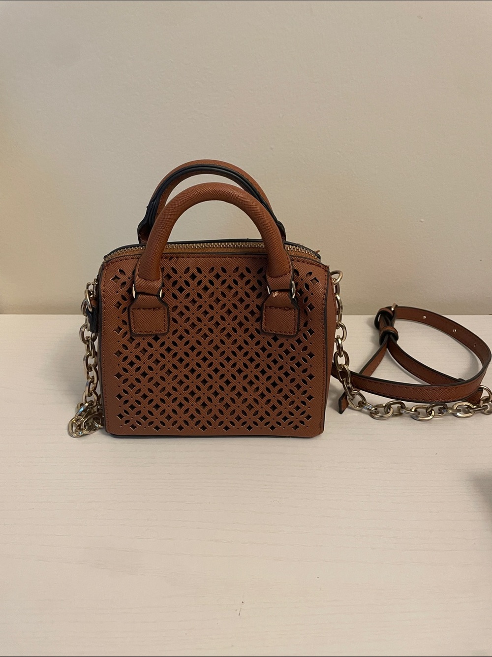 Francesca's Collections Brown Laser-Cut Mini Satchel with Chain Strap